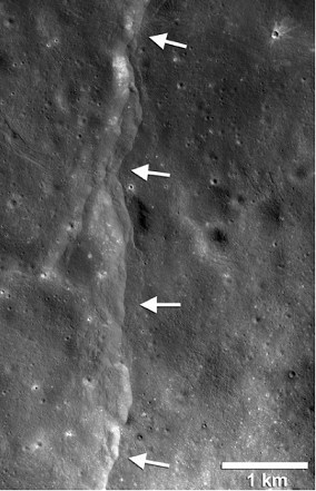 Det har vist sig, at Jordens tyngdekraft åbner forkastninger eller revner på Månen. Foto: NASA/LRO/Arizona State University/Smithsonian Institution. 